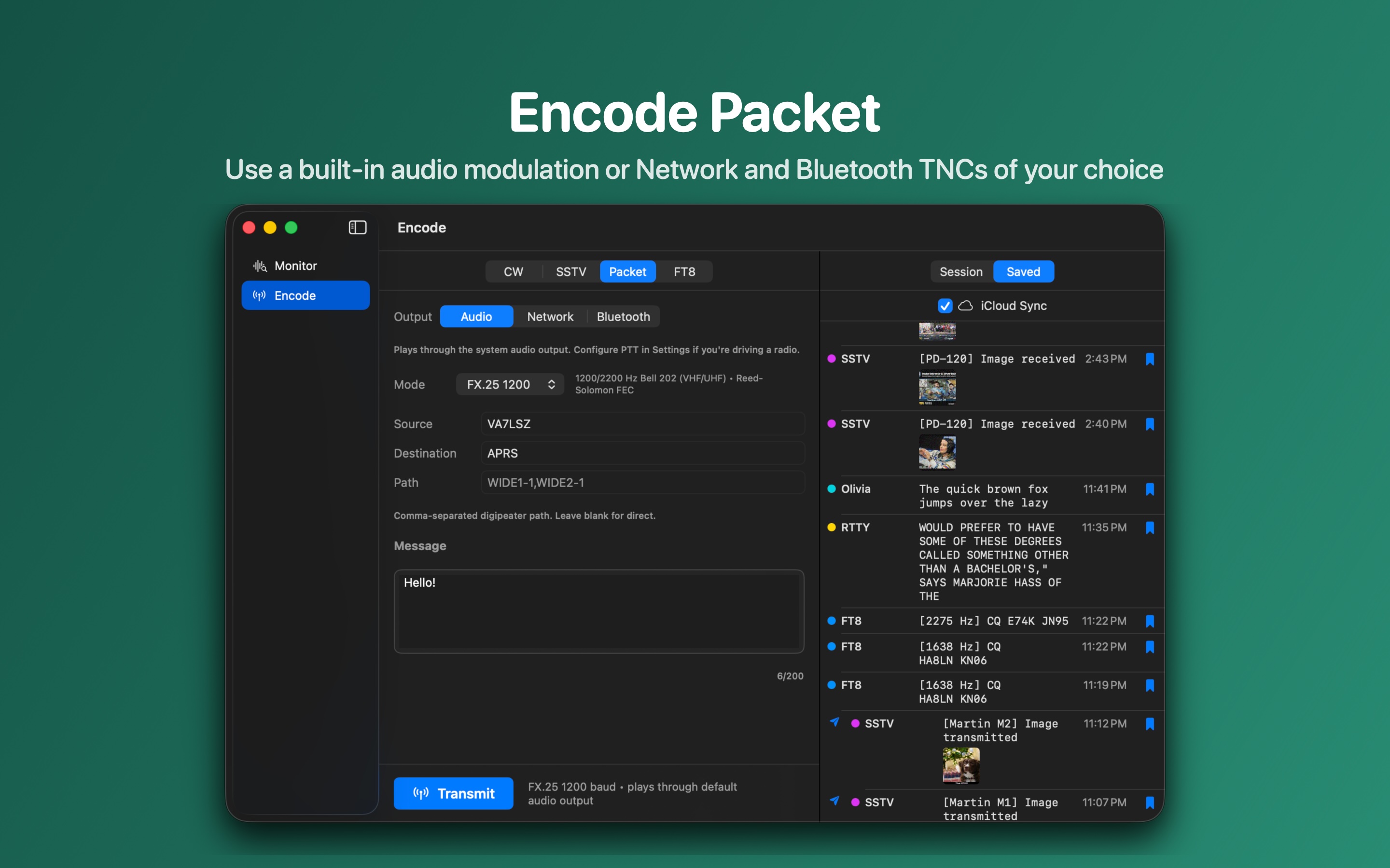 Encode and transmit AX.25 / FX.25 Packet over audio, network, or Bluetooth TNC