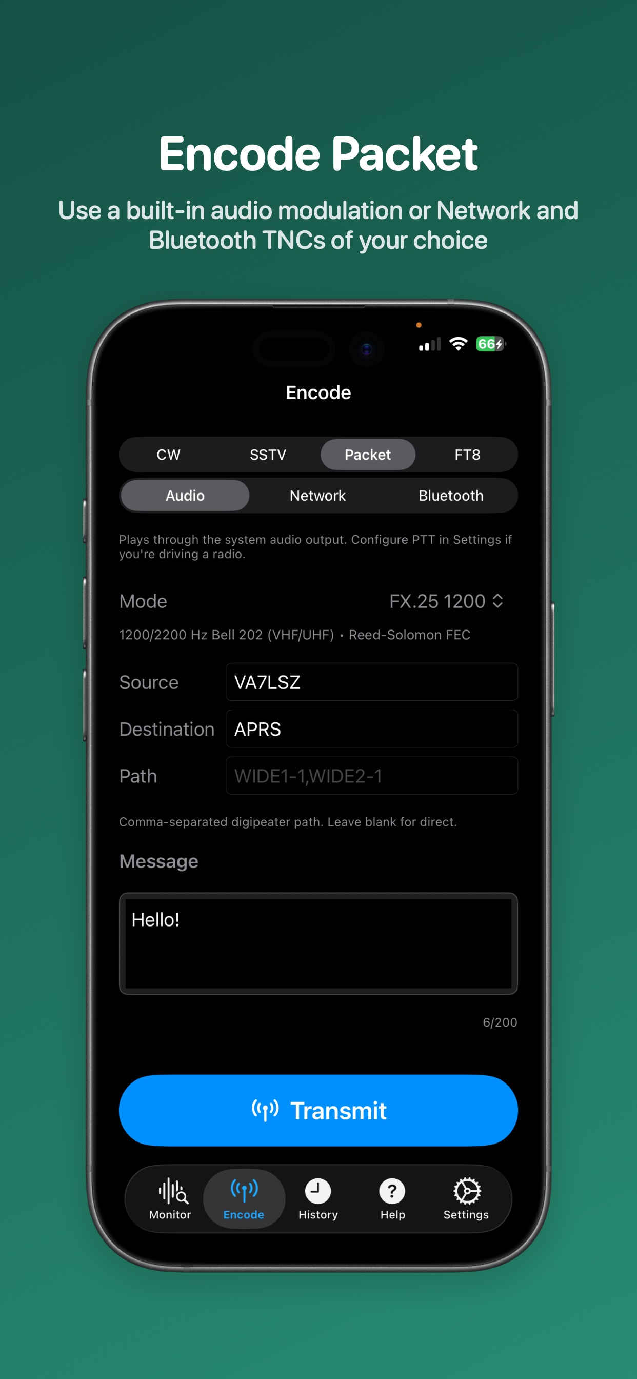 Encode and transmit AX.25 / FX.25 Packet over audio, network, or Bluetooth TNC