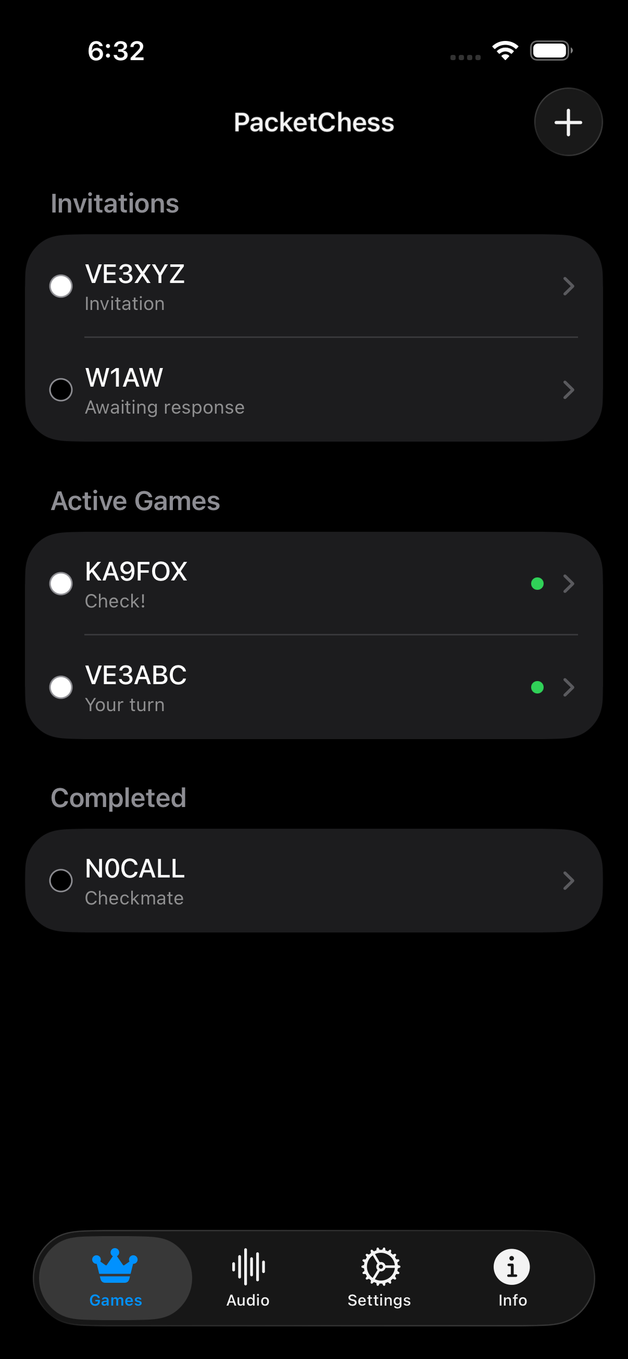 PacketChess games list showing active and past games