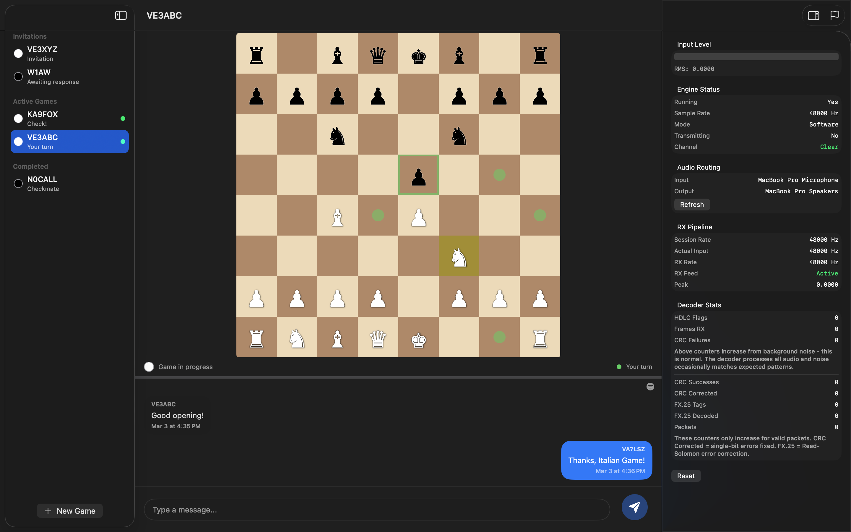 PacketChess macOS with move highlighting
